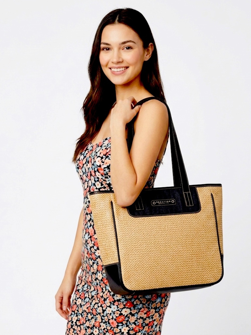 Kenneth Cole Reaction Woven Straw Tote Bag Leather Trim Boho Summer